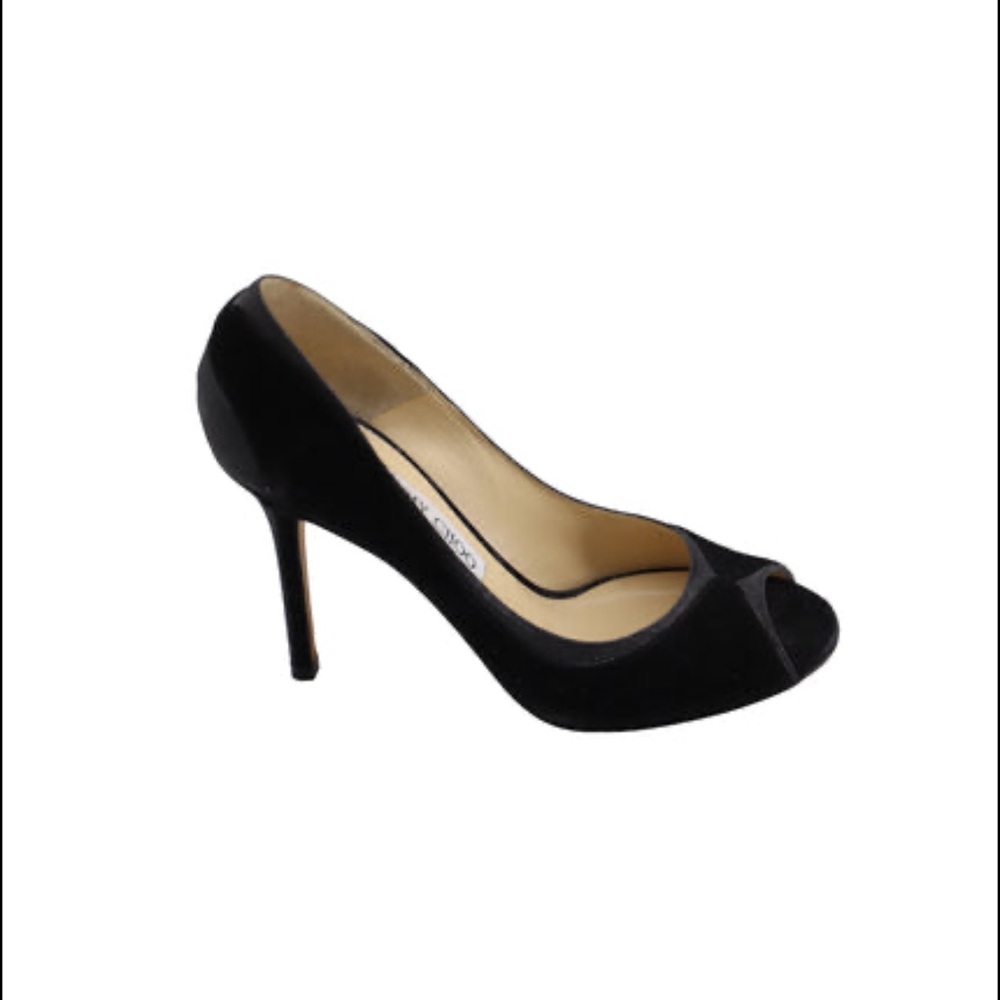 Jimmy Choo 100 Deceive Glitter  Peep-Toe Pumps in Black Suede Preloved. EUC.